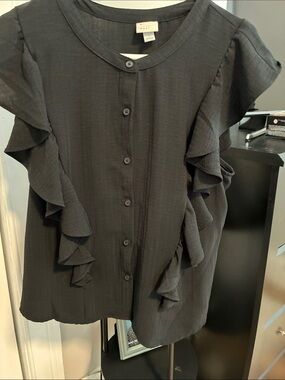 a new day Black Ruffle-Sleeve Button Front Blouse